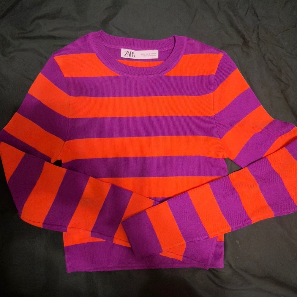 Zara Women's Bold Purple and Orange Striped Sweater